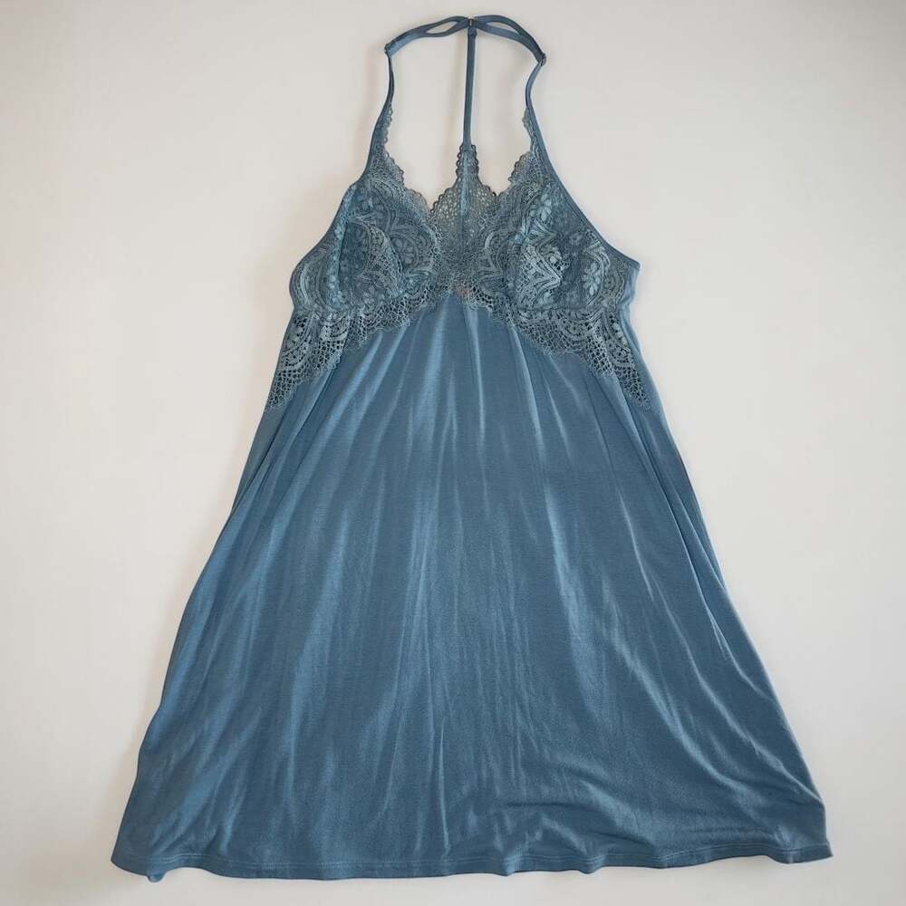 Victoria's Secret Lace Trim T-Back Baby Blue Babydoll Slip Nightgown